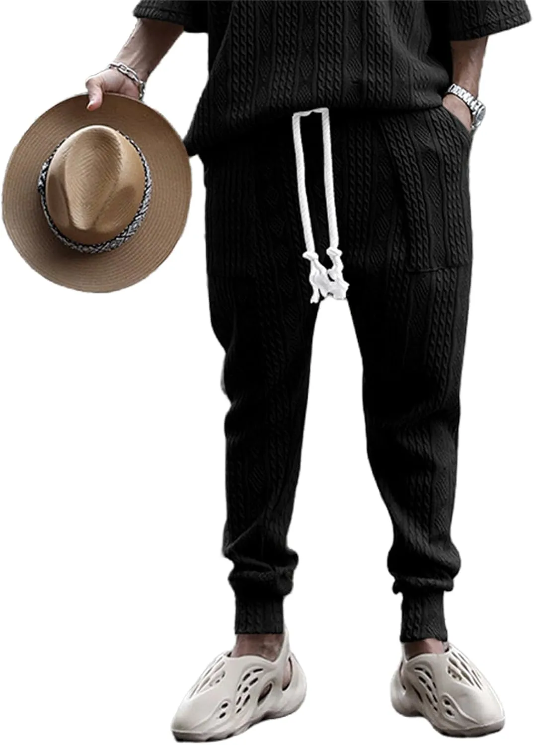 Mens Casual Chino Knitted Pants Elasticated Waist Drawstring Lightweight Sweatpants Loose Fashion Jogging Trousers