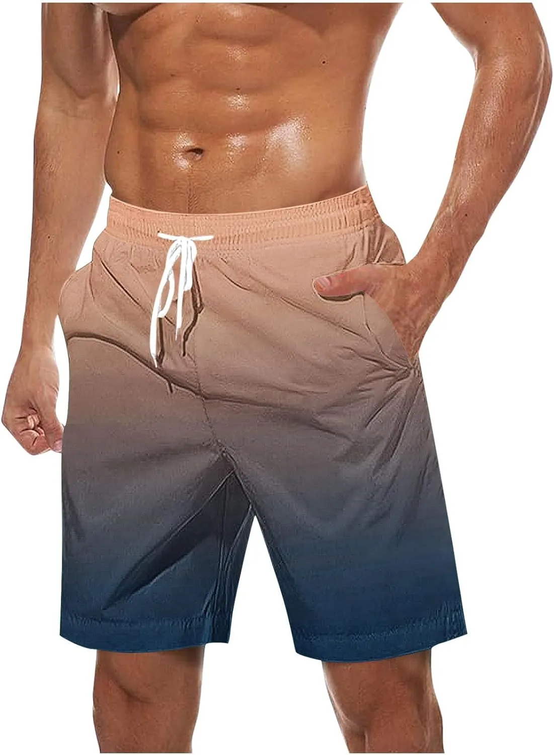Mens Casual Shorts Gradient Color Fashion Elastic Waist Drawstring Shorts Summer Beach Vocation Shorts with Pockets