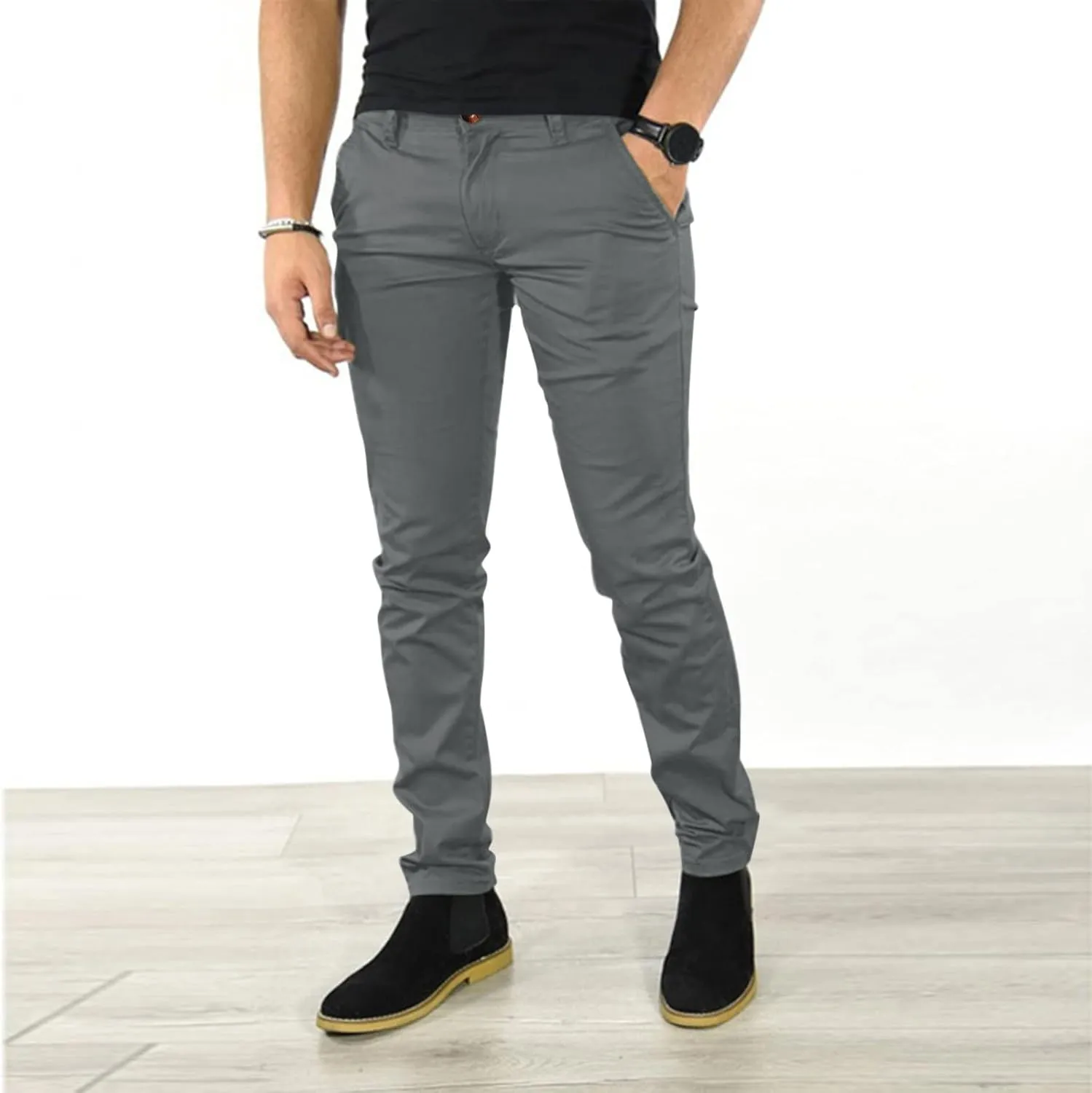 Mens Casual Stretch Dress Pants Slim Fit Solid Color Skinny Long Work Pant Flat-Front Business Golf Dress Chinos Pant