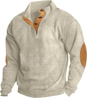 Mens Corduroy Button Stand Collar Sweatshirt Casual Cotton Long Sleeve Outdoor Vintage Pullover