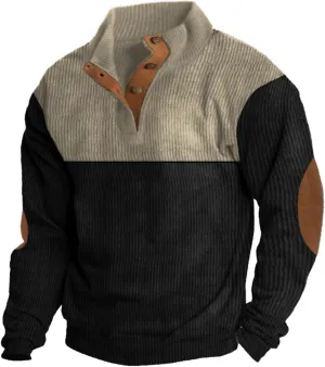 Mens Fall Sweater Corduroy Shirt Lapel Collar Button Up Pullover Long Sleeve Polo Sweatshirts Winter Clothing Gear