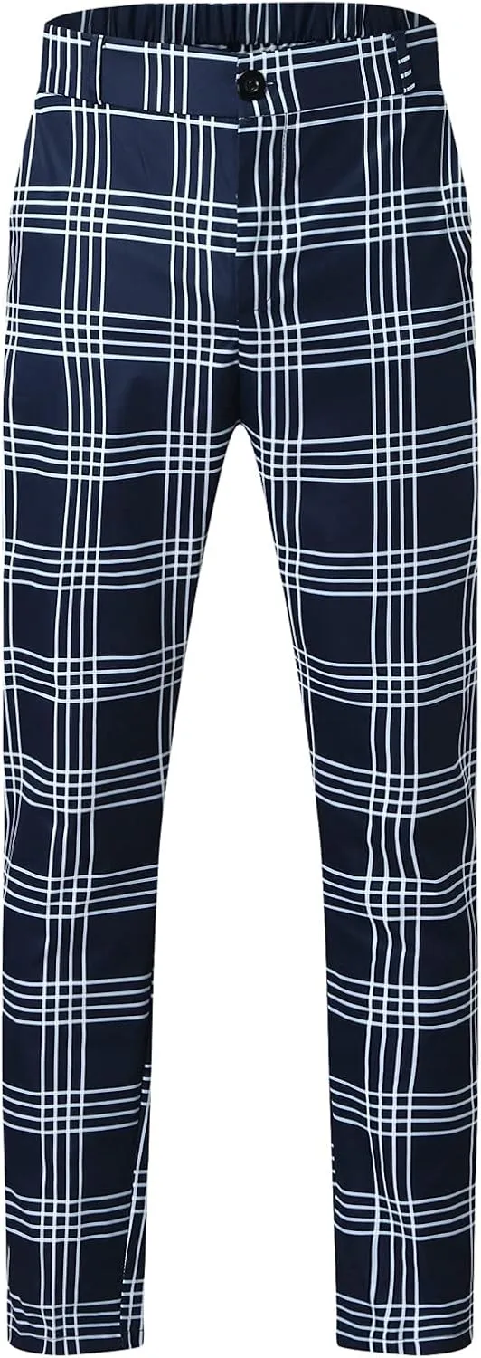 Mens Fashion Chinos Plaid Stretch Dress Pants Slim Fit Casual Business Suit Pants Big and Tall Flat-Front Golf Pants