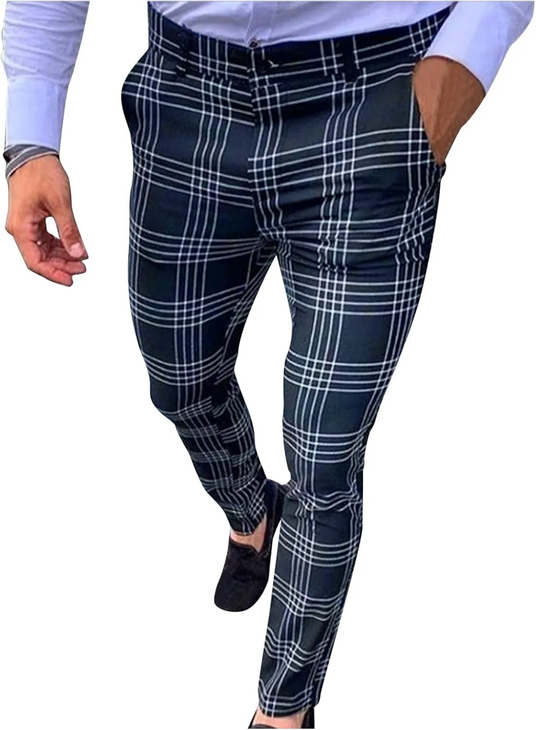 Mens Fashion Chinos Plaid Stretch Dress Pants Slim Fit Casual Business Suit Pants Big and Tall Flat-Front Golf Pants
