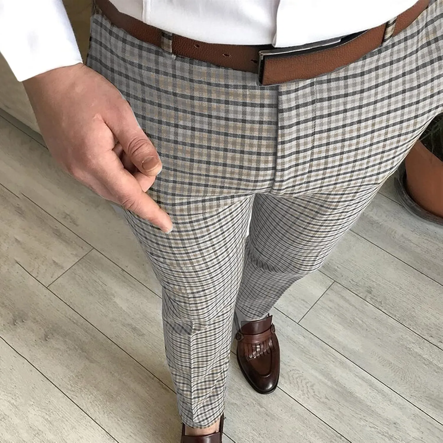 Mens Fashion Chinos Plaid Stretch Dress Pants Slim Fit Casual Business Suit Pants Big and Tall Flat-Front Golf Pants
