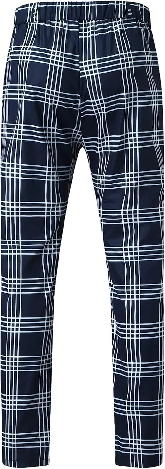 Mens Fashion Chinos Plaid Stretch Dress Pants Slim Fit Casual Business Suit Pants Big and Tall Flat-Front Golf Pants