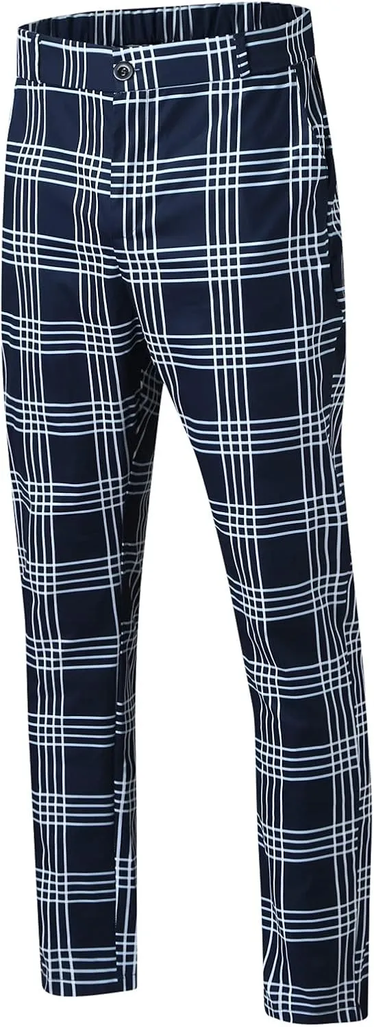 Mens Fashion Chinos Plaid Stretch Dress Pants Slim Fit Casual Business Suit Pants Big and Tall Flat-Front Golf Pants