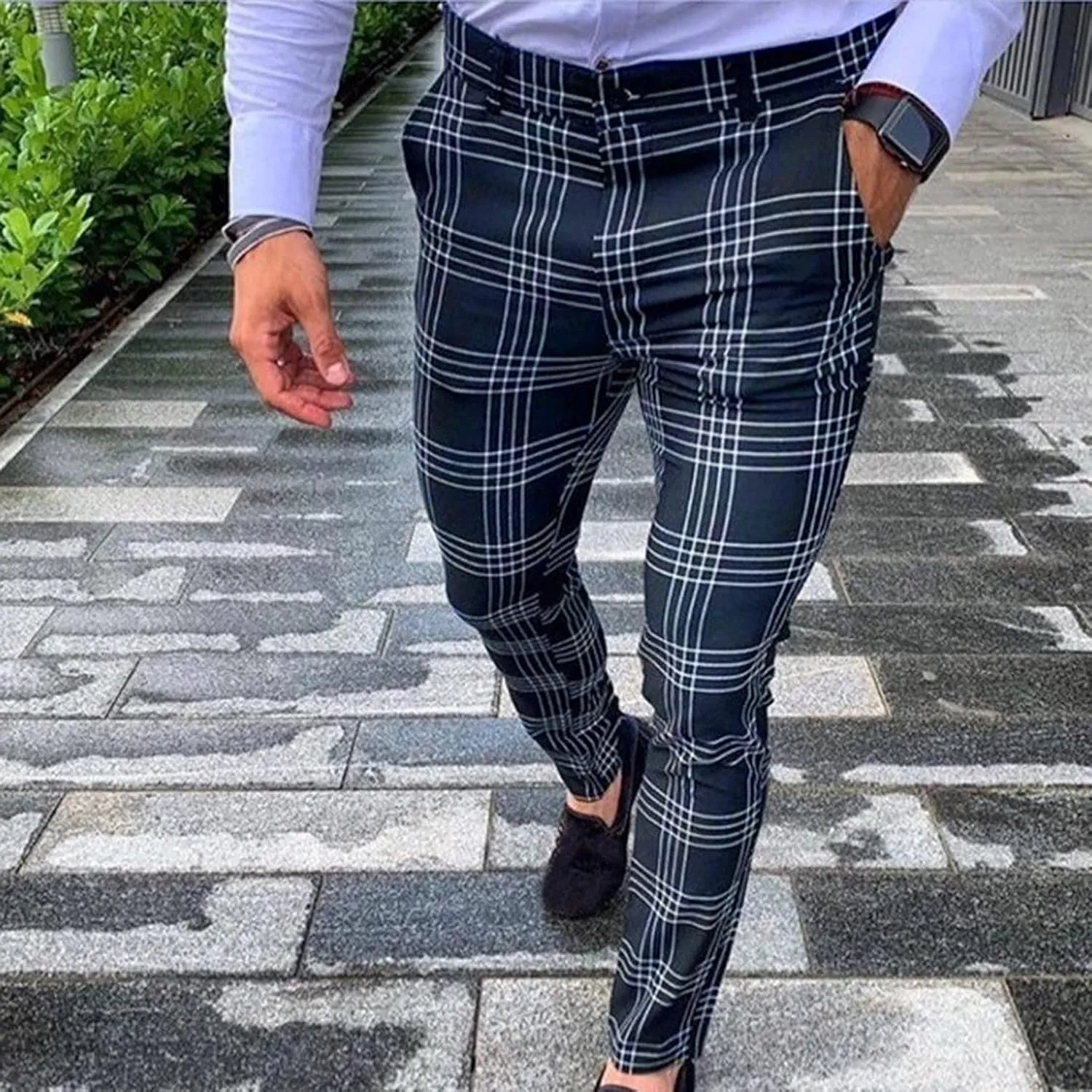 Mens Fashion Chinos Plaid Stretch Dress Pants Slim Fit Casual Business Suit Pants Big and Tall Flat-Front Golf Pants