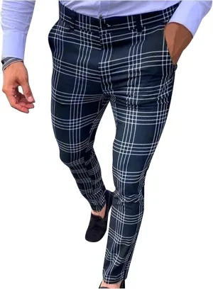 Mens Fashion Chinos Plaid Stretch Dress Pants Slim Fit Casual Business Suit Pants Big and Tall Flat-Front Golf Pants
