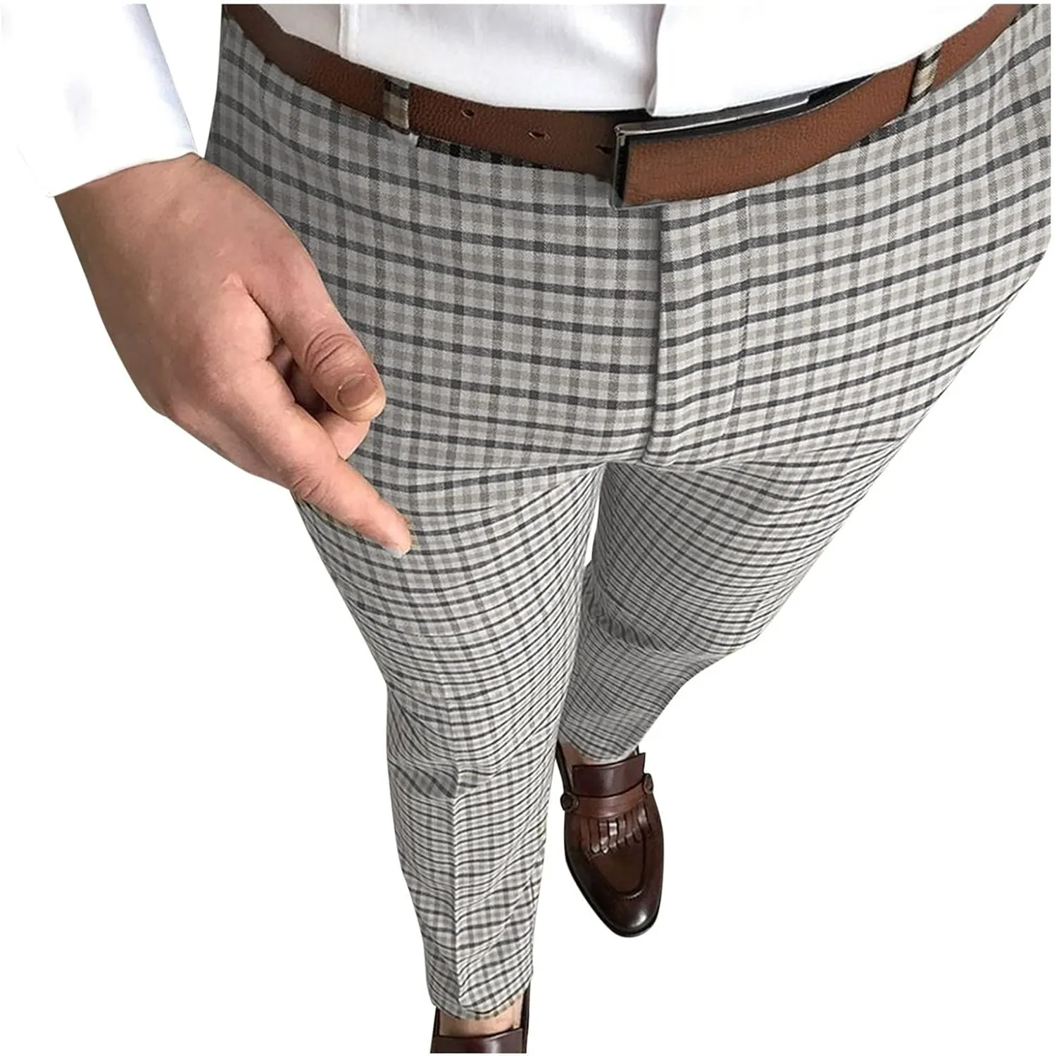 Mens Fashion Chinos Plaid Stretch Dress Pants Slim Fit Casual Business Suit Pants Big and Tall Flat-Front Golf Pants