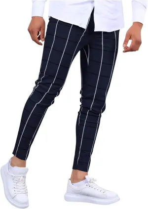 Men's Fashion Stretch Dress Pants Slim Fit Lightweight Plaid Skinny Long Pants Casual Business Work Golf Trousers