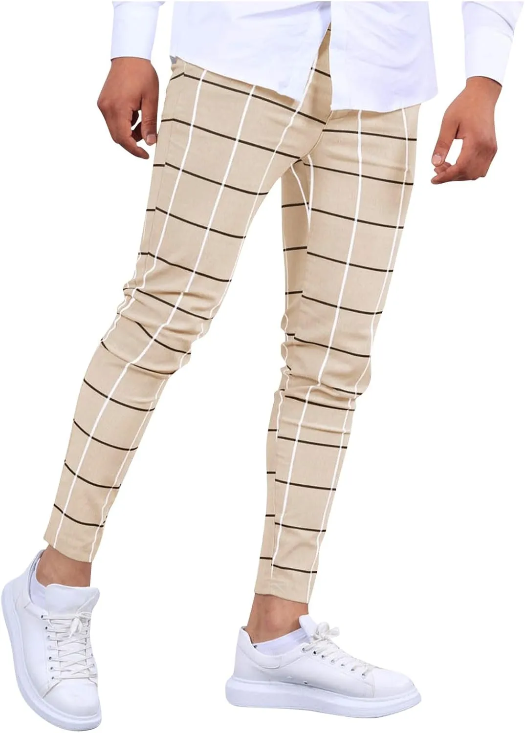 Men's Fashion Stretch Dress Pants Slim Fit Lightweight Plaid Skinny Long Pants Casual Business Work Golf Trousers