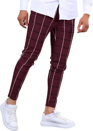 Men's Fashion Stretch Dress Pants Slim Fit Lightweight Plaid Skinny Long Pants Casual Business Work Golf Trousers