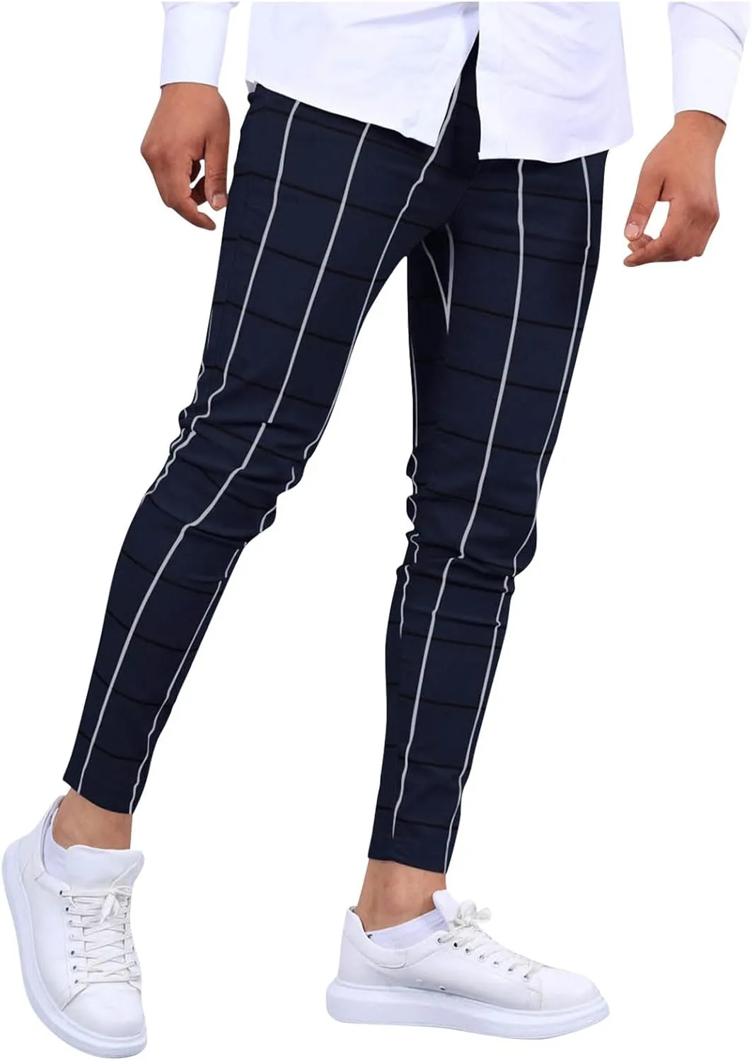Men's Fashion Stretch Dress Pants Slim Fit Lightweight Plaid Skinny Long Pants Casual Business Work Golf Trousers