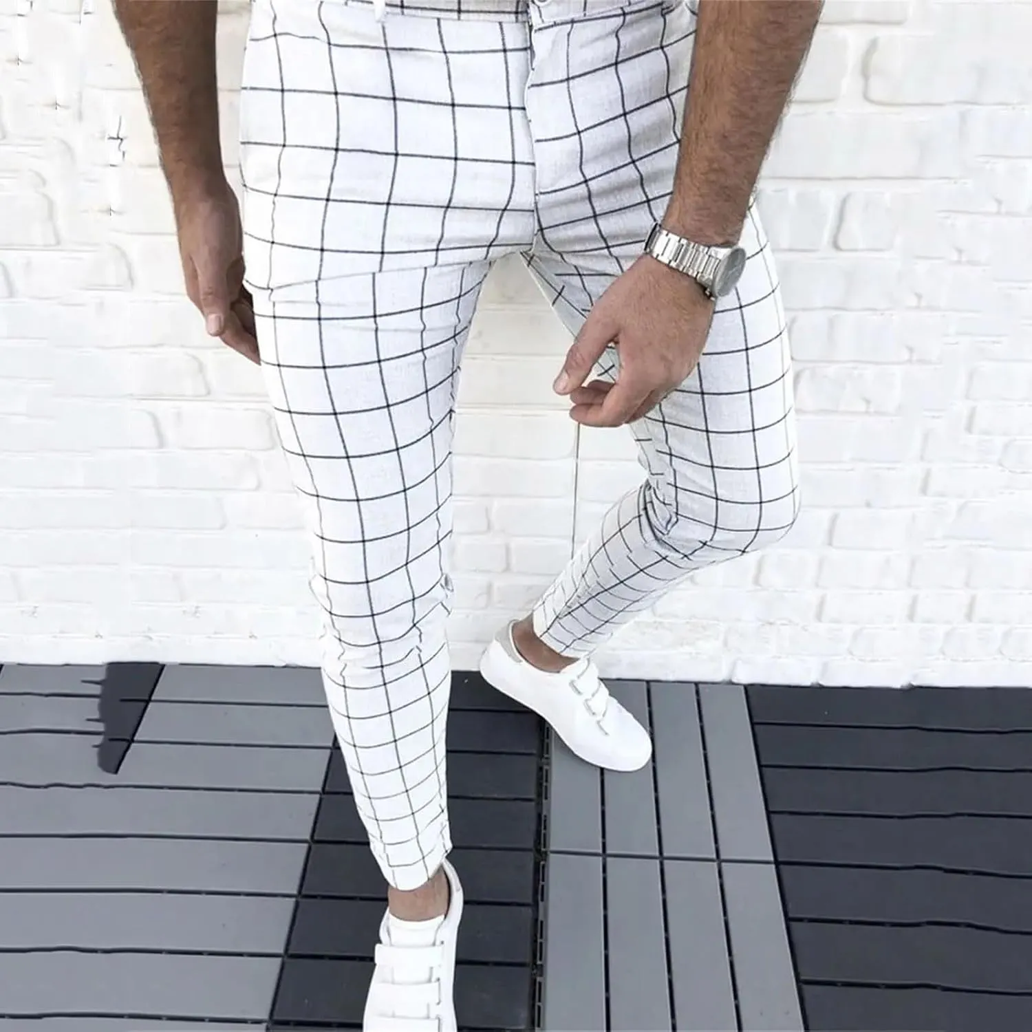 Men's Fashion Stretch Dress Pants Slim Fit Plaid Skinny Long Pants Casual Style Business Golf Dress Pants with Pocket