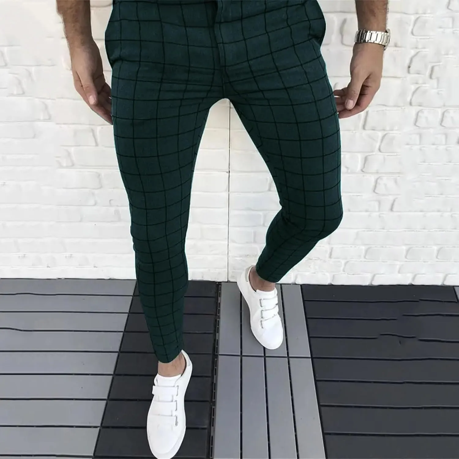 Men's Fashion Stretch Dress Pants Slim Fit Plaid Skinny Long Pants Casual Style Business Golf Dress Pants with Pocket