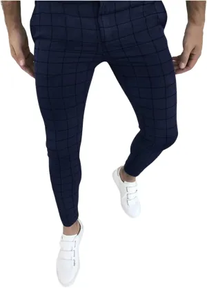 Men's Fashion Stretch Dress Pants Slim Fit Plaid Skinny Long Pants Casual Style Business Golf Dress Pants with Pocket