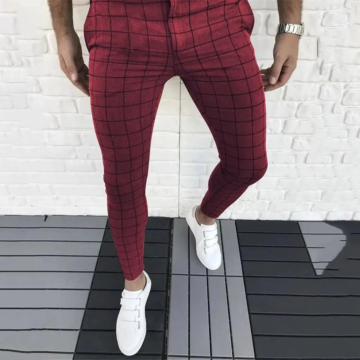 Men's Fashion Stretch Dress Pants Slim Fit Plaid Skinny Long Pants Casual Style Business Golf Dress Pants with Pocket
