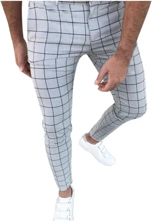 Men's Fashion Stretch Dress Pants Slim Fit Plaid Skinny Long Pants Casual Style Business Golf Dress Pants with Pocket