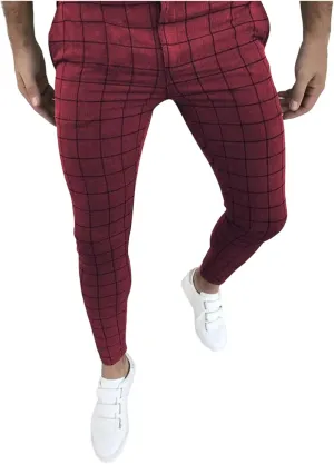 Men's Fashion Stretch Dress Pants Slim Fit Plaid Skinny Long Pants Casual Style Business Golf Dress Pants with Pocket