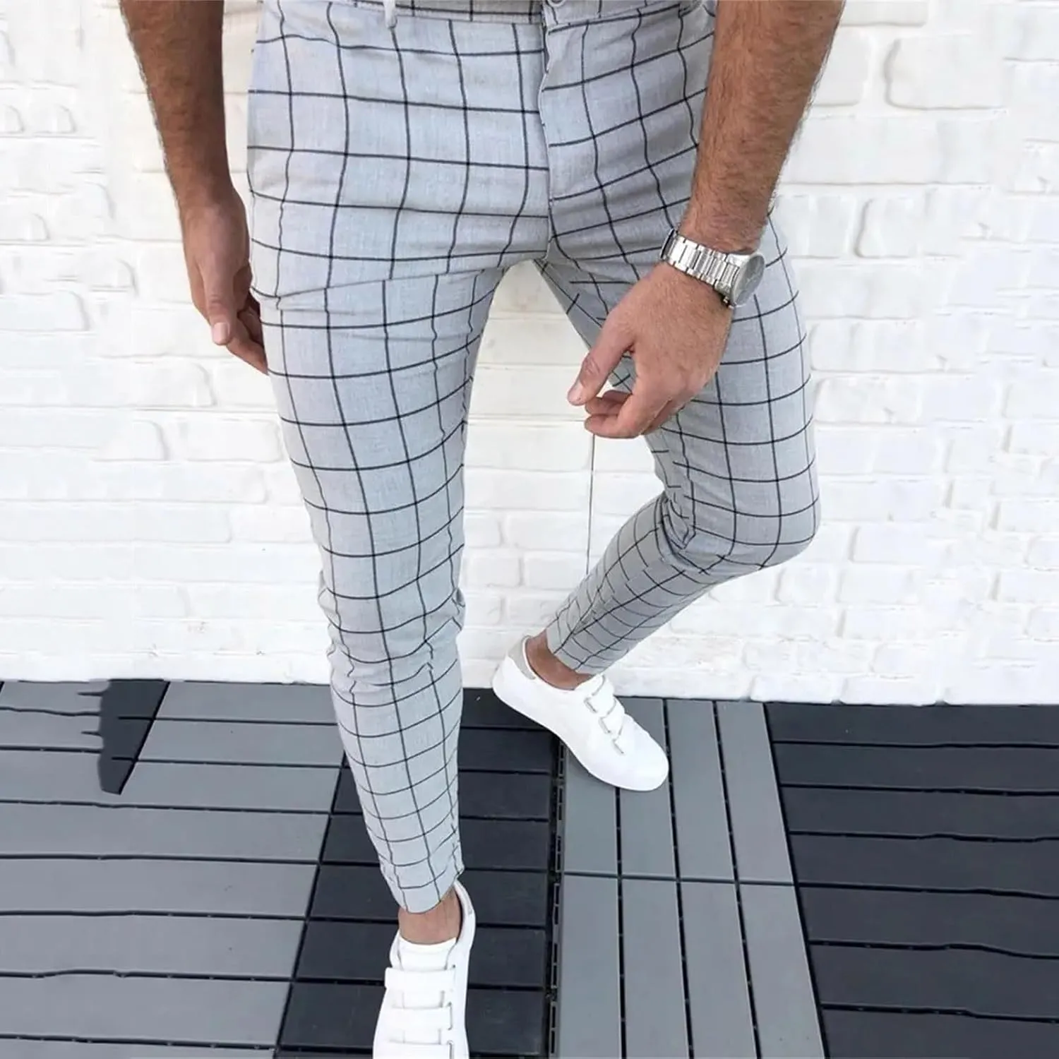 Men's Fashion Stretch Dress Pants Slim Fit Plaid Skinny Long Pants Casual Style Business Golf Dress Pants with Pocket