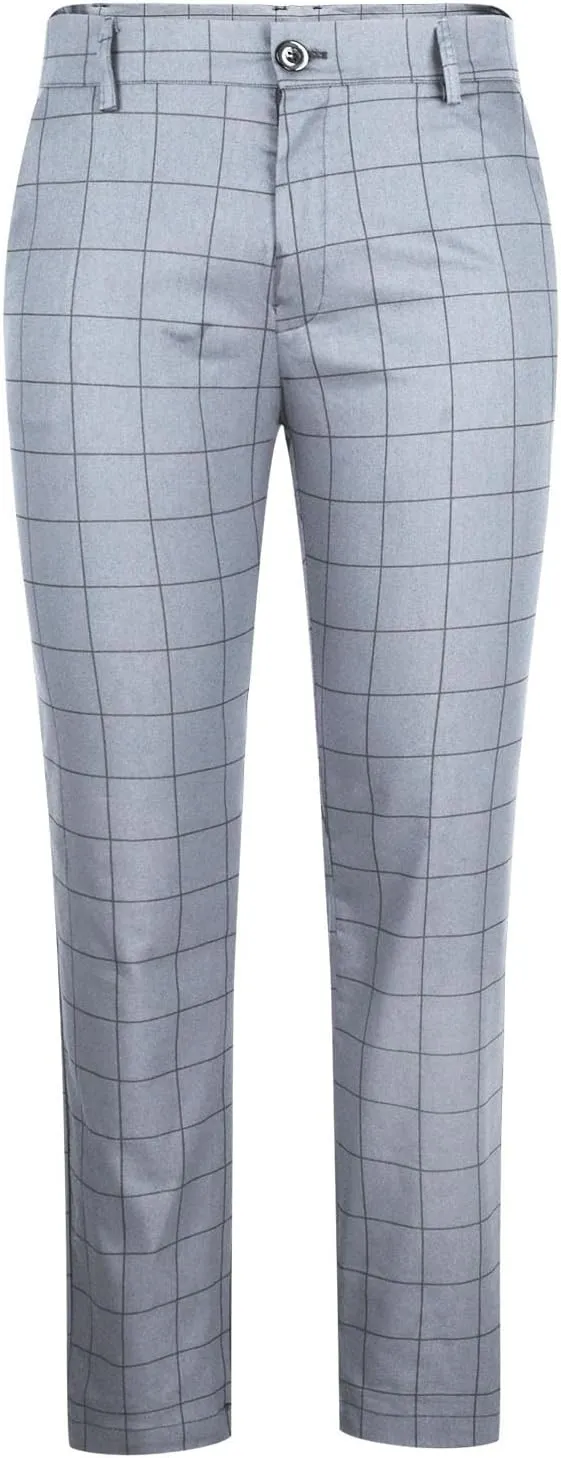 Men's Fashion Stretch Dress Pants Slim Fit Plaid Skinny Long Pants Casual Style Business Golf Dress Pants with Pocket