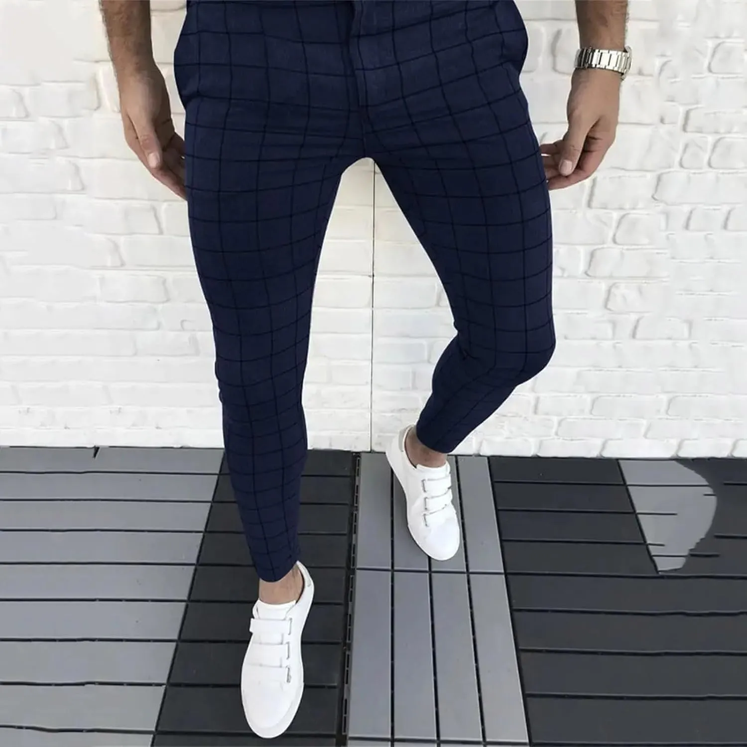 Men's Fashion Stretch Dress Pants Slim Fit Plaid Skinny Long Pants Casual Style Business Golf Dress Pants with Pocket