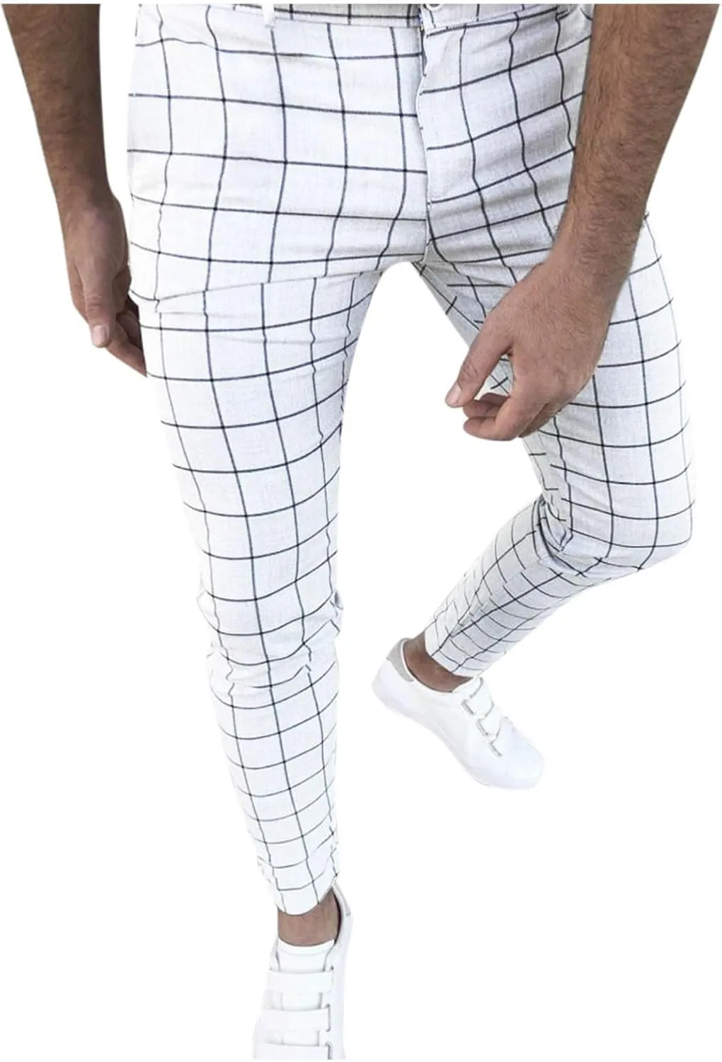 Men's Fashion Stretch Dress Pants Slim Fit Plaid Skinny Long Pants Casual Style Business Golf Dress Pants with Pocket