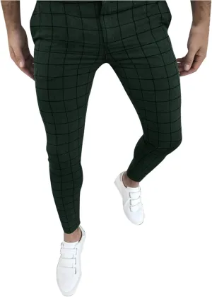 Men's Fashion Stretch Dress Pants Slim Fit Plaid Skinny Long Pants Casual Style Business Golf Dress Pants with Pocket