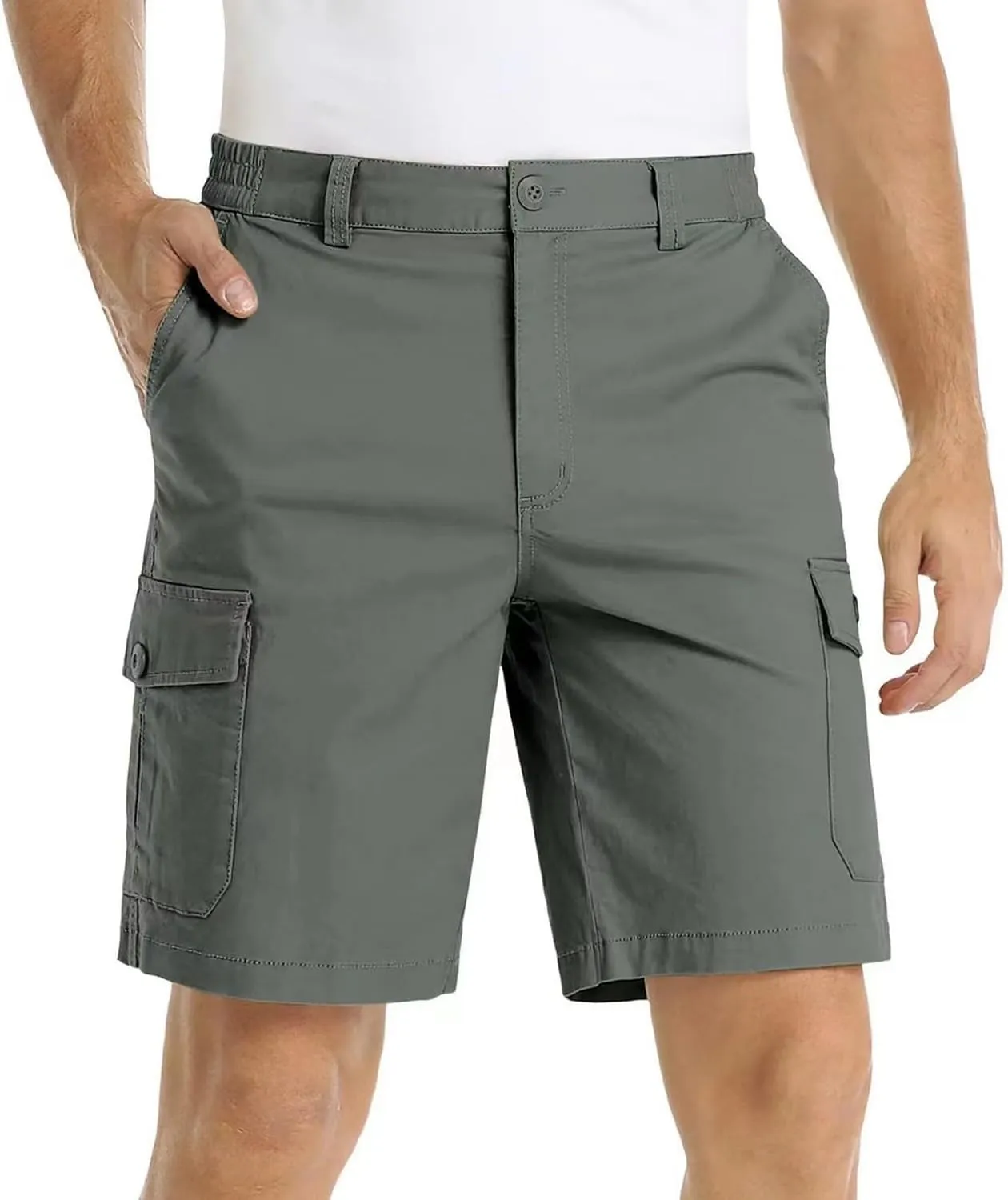 Men's Hiking Cargo Shorts Casual Lightweight Elastic Waist Bermuda Shorts Summer Outdoor Shorts with Multi Pockets