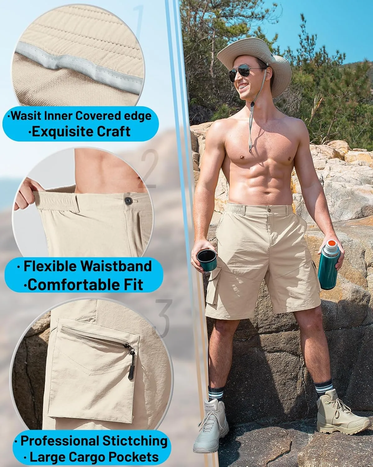 Mens Hiking Cargo Shorts Lightweight Quick Dry Casual Shorts Outdoor Fishing Golf Shorts with Multi Pockets