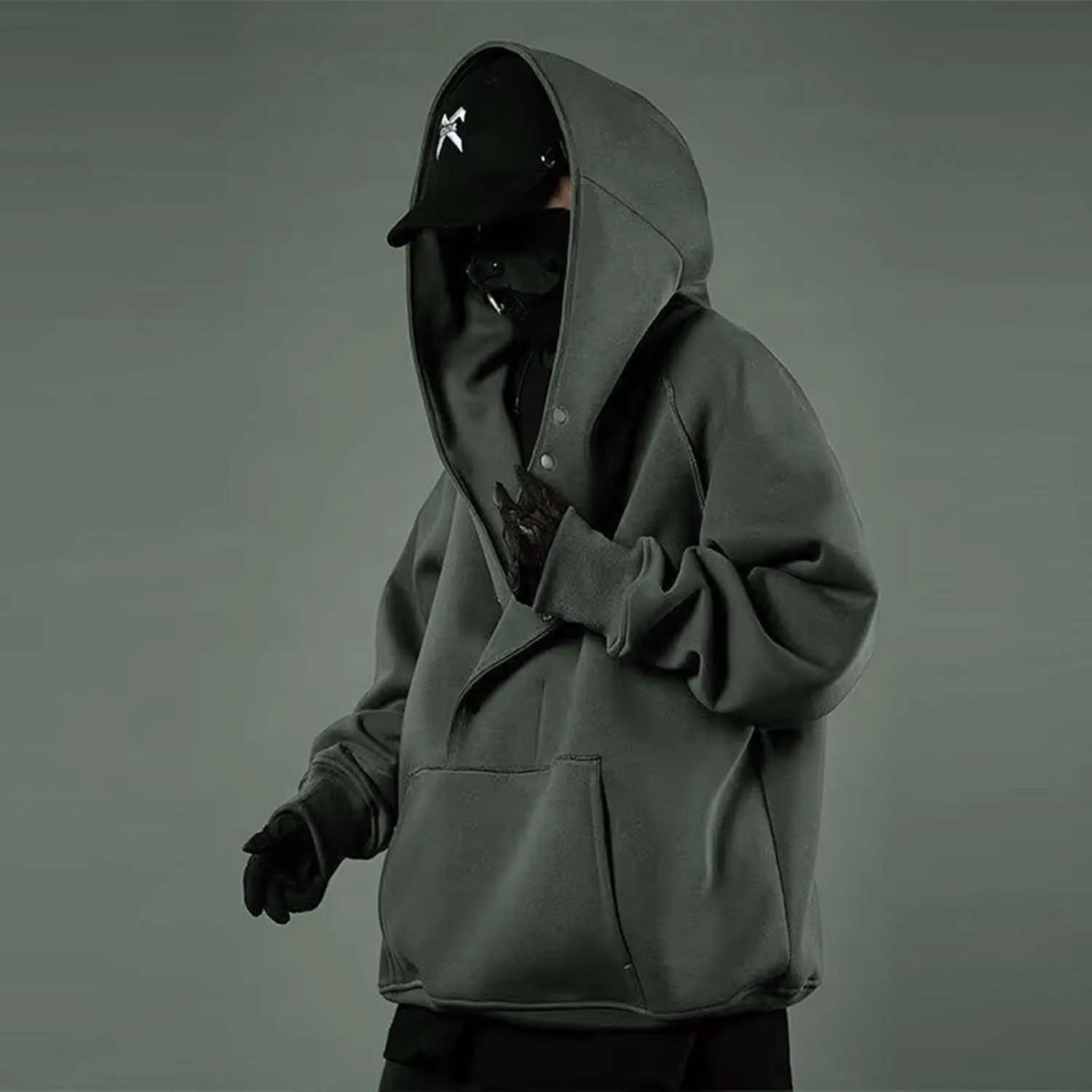 Mens Mask Hoodies Hip Hop Oversize Pullover Solid Color Hooded Sweatshrits For Men Fall Streetwear Y2K Hoodies
