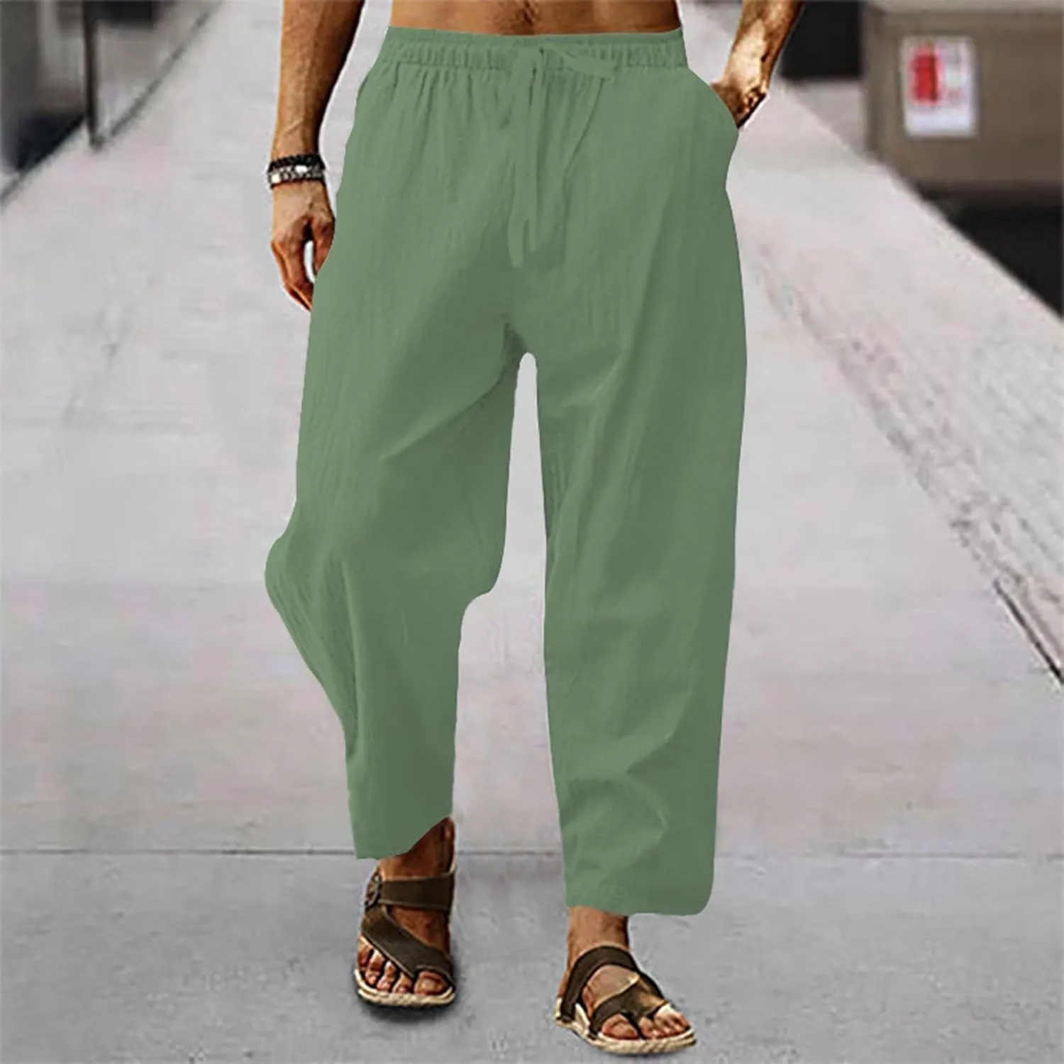 Mens Pants Casual Stretch Golf Pants Drawstring Lightweight Trousers Elastic Waist Lounge Pants with Pockets
