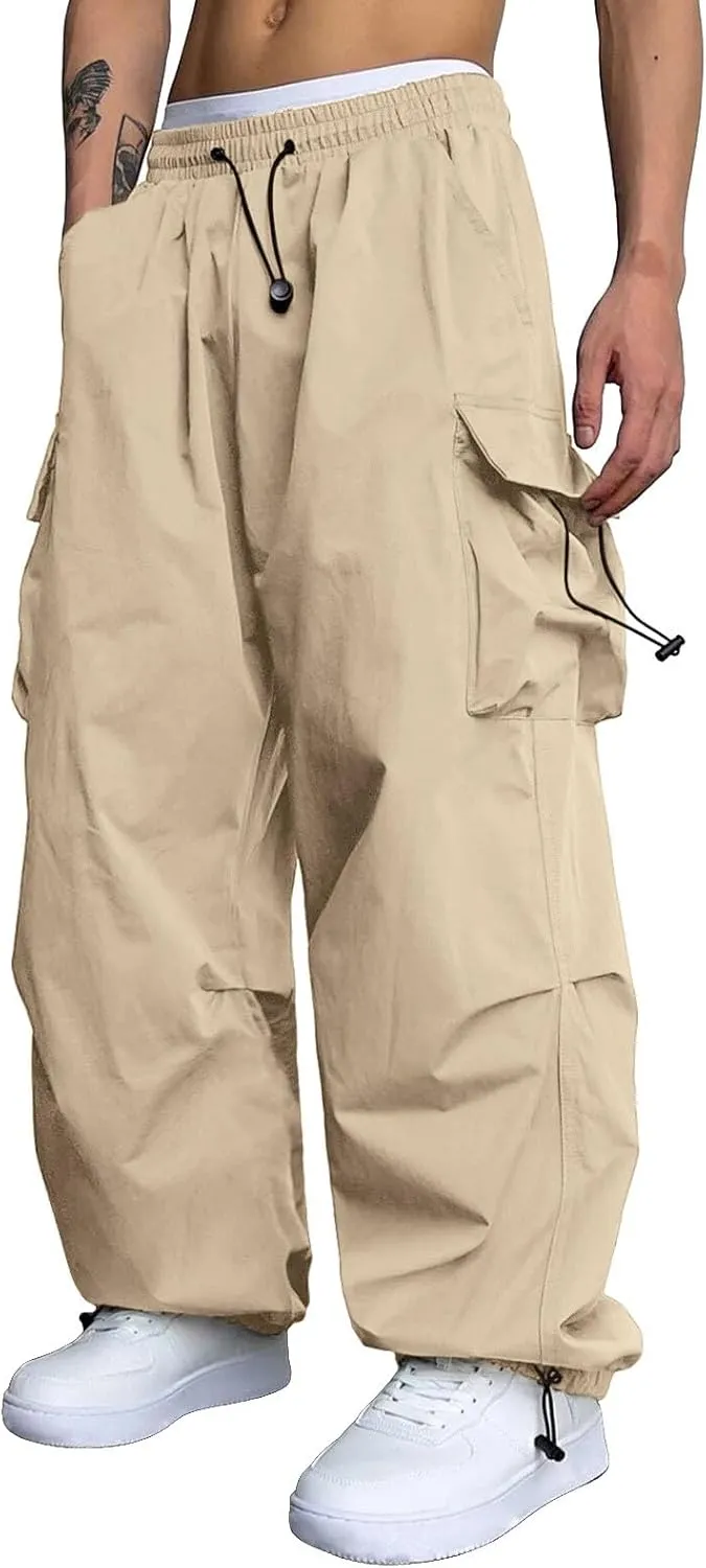 Mens Parachute Cargo Pants Casual Cotton Stretchy Drawstring Pant Outdoor Pants with Pockets