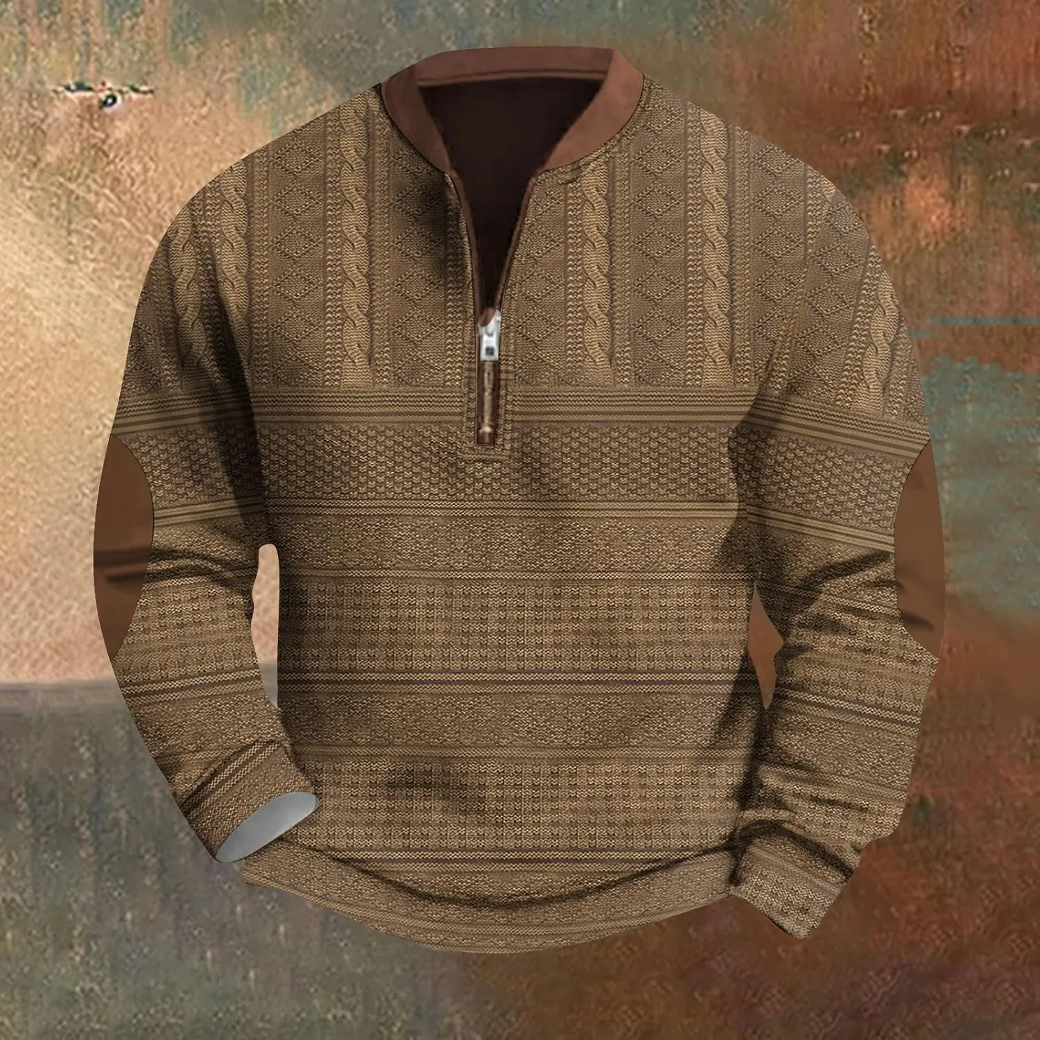 Mens Quarter Zip Sweater with Elbow Patches Long Sleeve Polo Shirts Vintage Waffle Sweatshirts