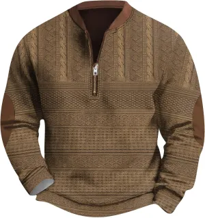 Mens Quarter Zip Sweater with Elbow Patches Long Sleeve Polo Shirts Vintage Waffle Sweatshirts