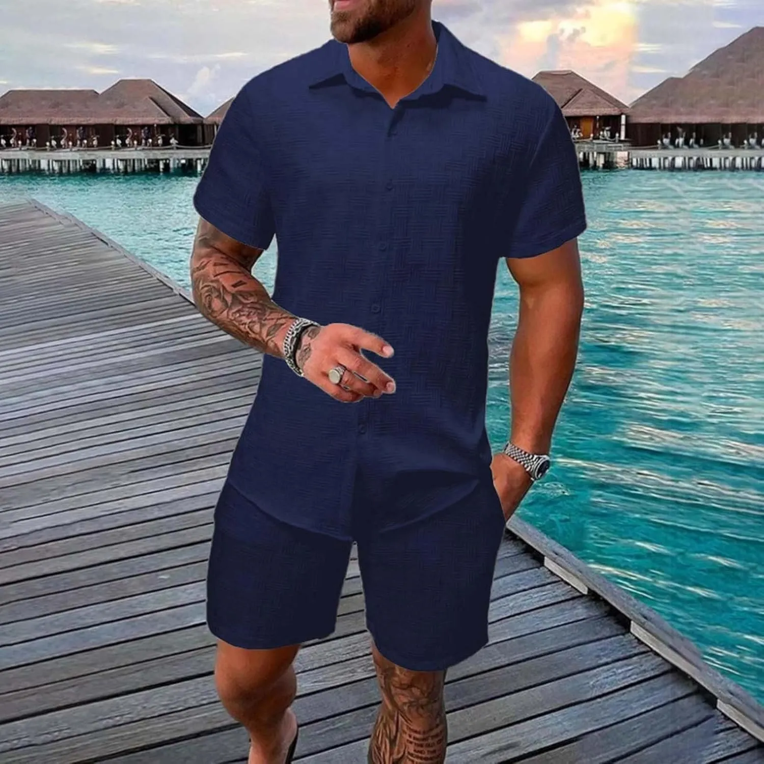 Men's Summer 2 Piece Outfit Set Short Sleeve Button Down Shirt Drawstring Shorts Lightweight Breathable Outfit Set