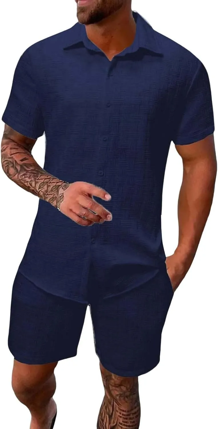 Men's Summer 2 Piece Outfit Set Short Sleeve Button Down Shirt Drawstring Shorts Lightweight Breathable Outfit Set