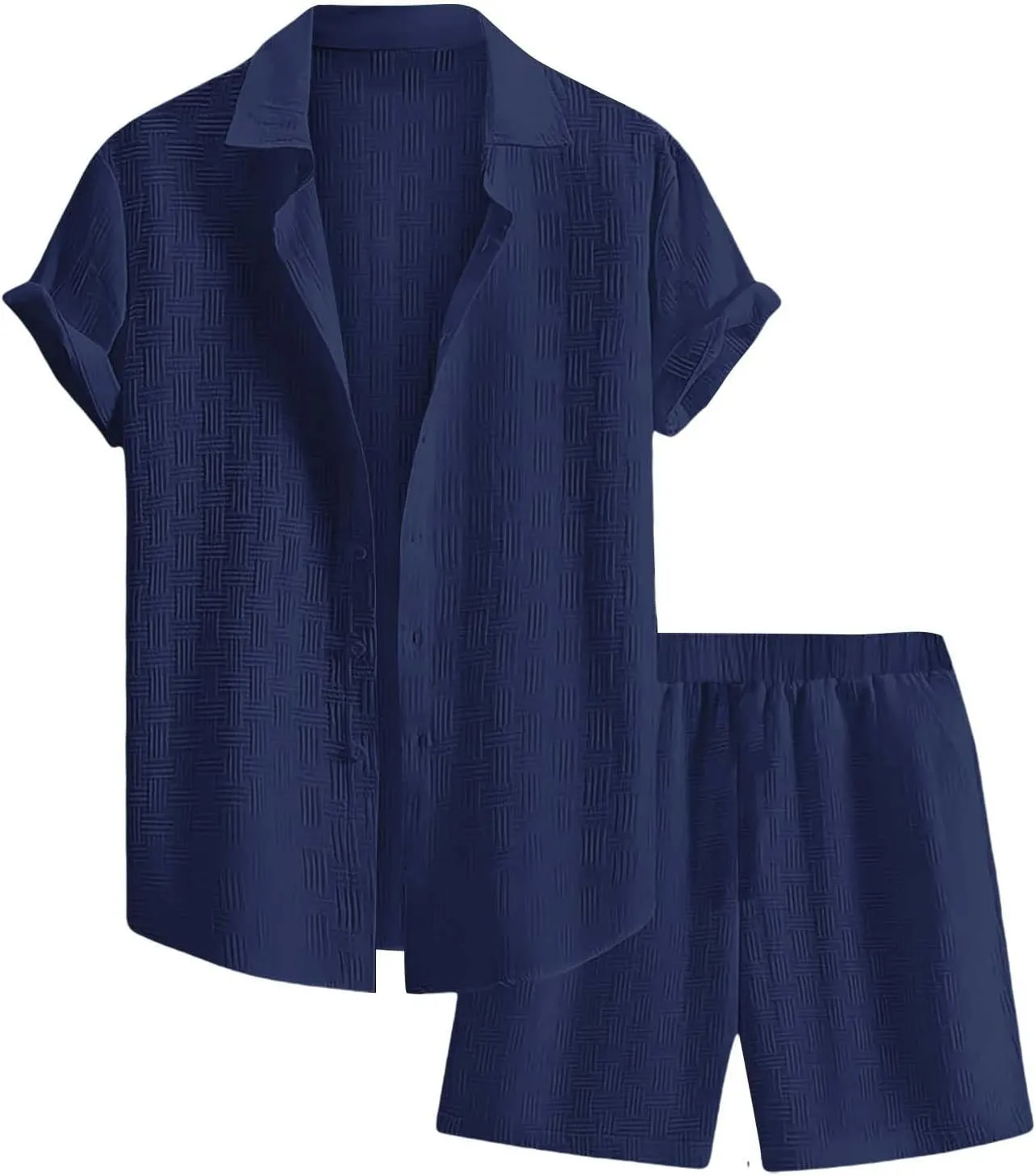 Men's Summer 2 Piece Outfit Set Short Sleeve Button Down Shirt Drawstring Shorts Lightweight Breathable Outfit Set