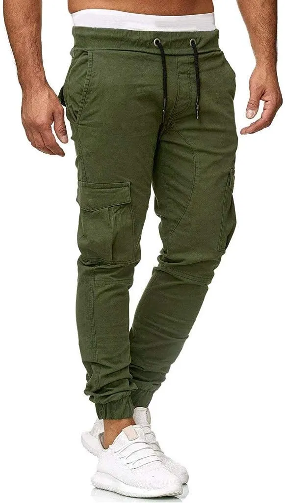 Mens Twill Cotton Joggers Cargo Pants Drawstring Cotton Slim Fit Chino Trousers Casual Fitness Track Jogging Pants