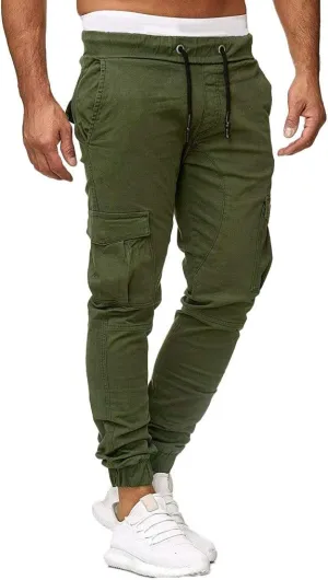 Mens Twill Cotton Joggers Cargo Pants Drawstring Cotton Slim Fit Chino Trousers Casual Fitness Track Jogging Pants