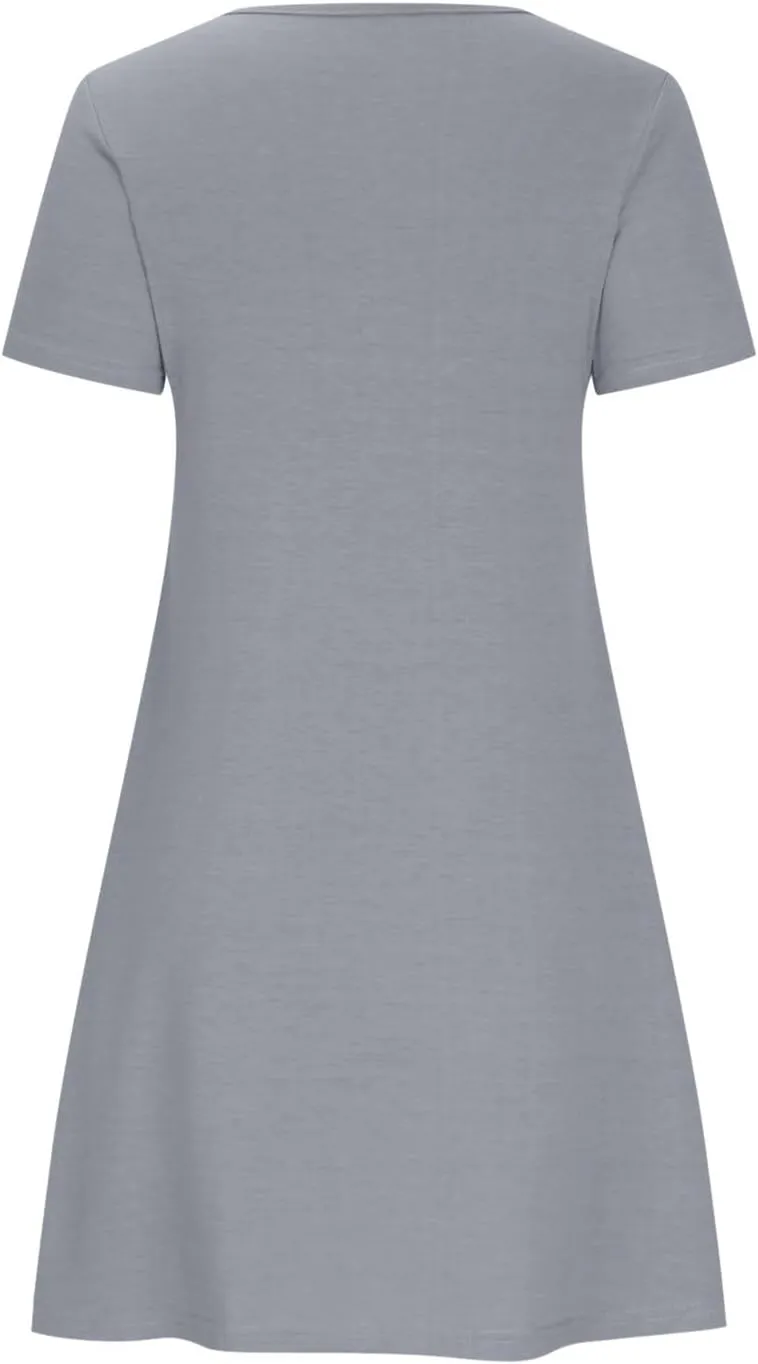 Midi Dresses for Women 2025 Casual Short Sleeve Dress Crew Neck Loose Dresses Flowy Swing Tunic Dress with Pockets