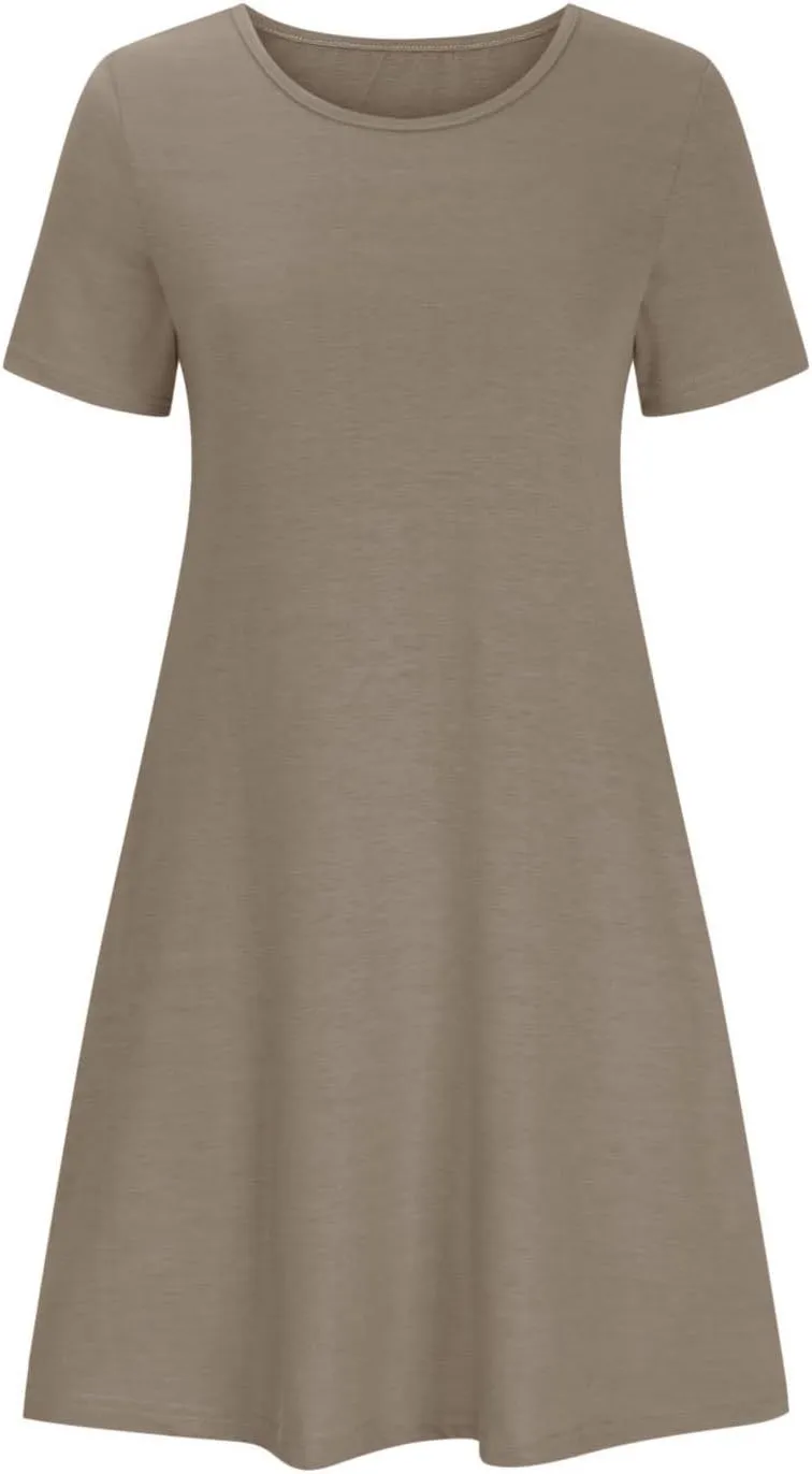 Midi Dresses for Women 2025 Casual Short Sleeve Dress Crew Neck Loose Dresses Flowy Swing Tunic Dress with Pockets