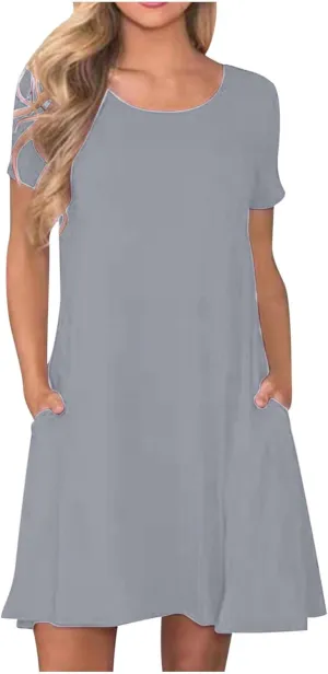 Midi Dresses for Women 2025 Casual Short Sleeve Dress Crew Neck Loose Dresses Flowy Swing Tunic Dress with Pockets