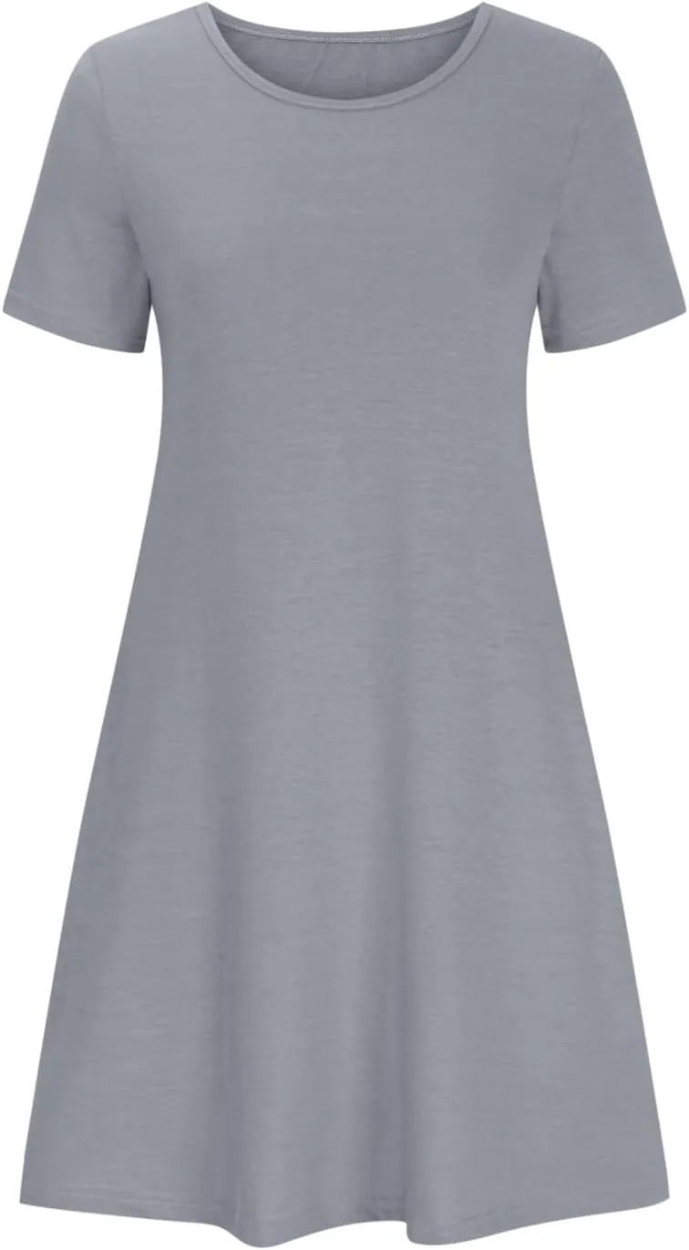 Midi Dresses for Women 2025 Casual Short Sleeve Dress Crew Neck Loose Dresses Flowy Swing Tunic Dress with Pockets