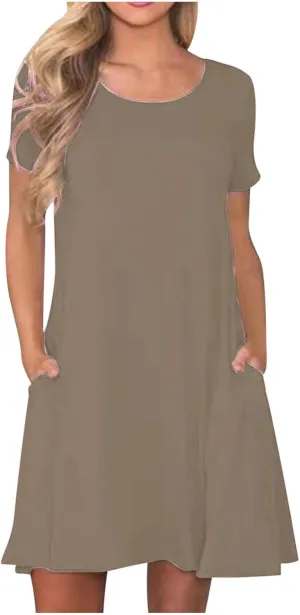 Midi Dresses for Women 2025 Casual Short Sleeve Dress Crew Neck Loose Dresses Flowy Swing Tunic Dress with Pockets