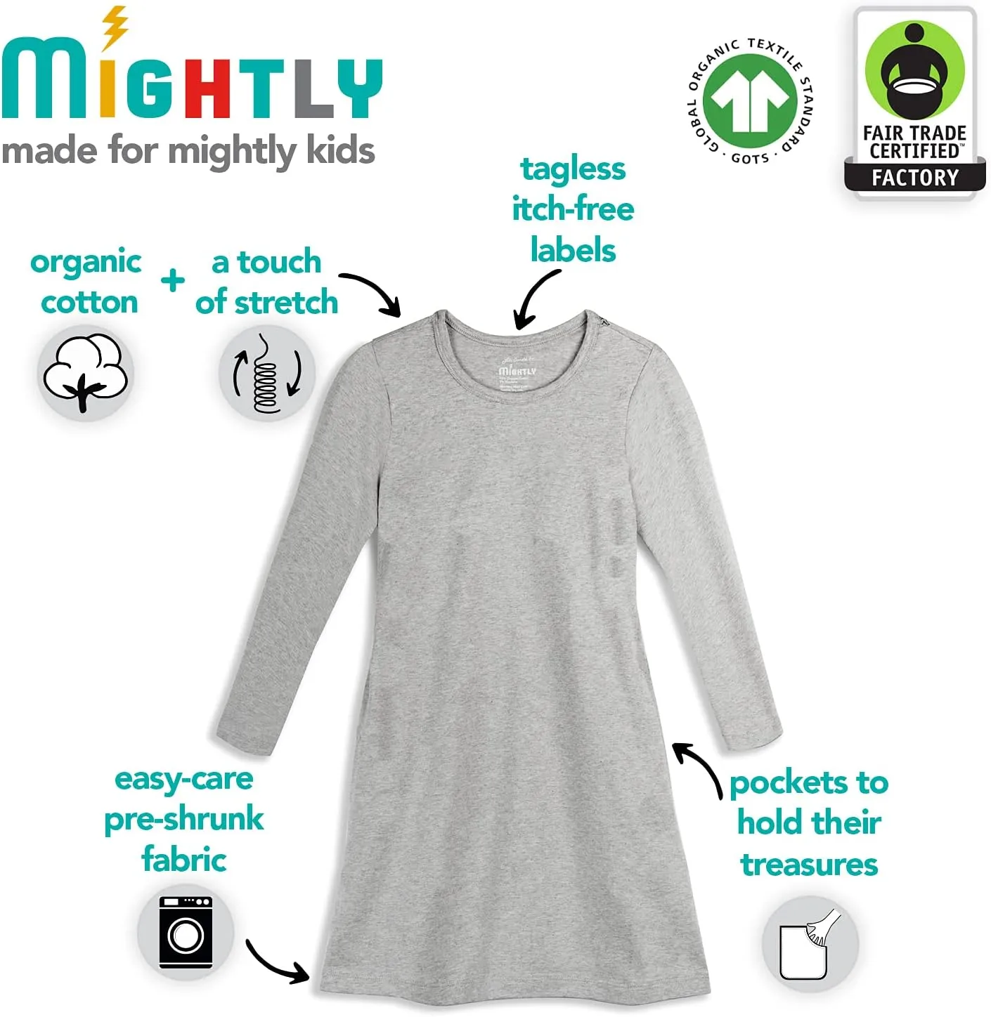 Mightly Girls' Basic Long Sleeve T-Shirt Dress | 95% Organic Cotton, Colorful T-Shirt Dress for Kids, School, Parties & Play