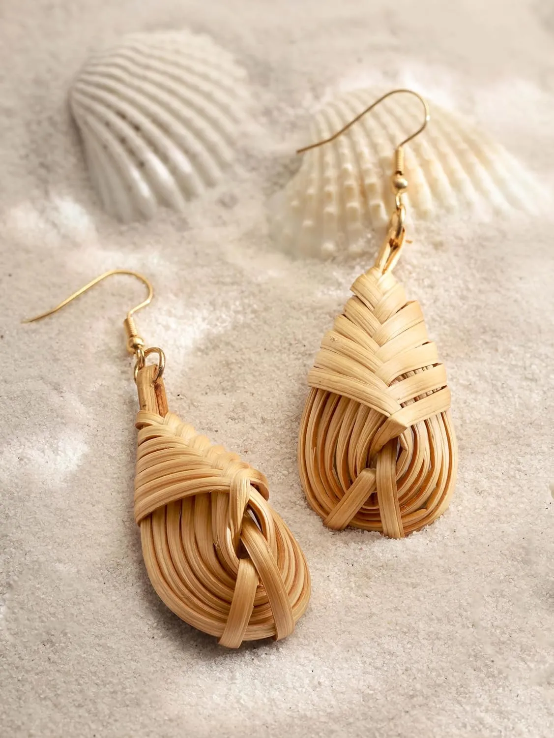 MINACHI Boho Chic Handmade Rattan Wood Dangle Drop Earrings for Women, Bohemian Summer Beach Statement Jewelry Gift for Women