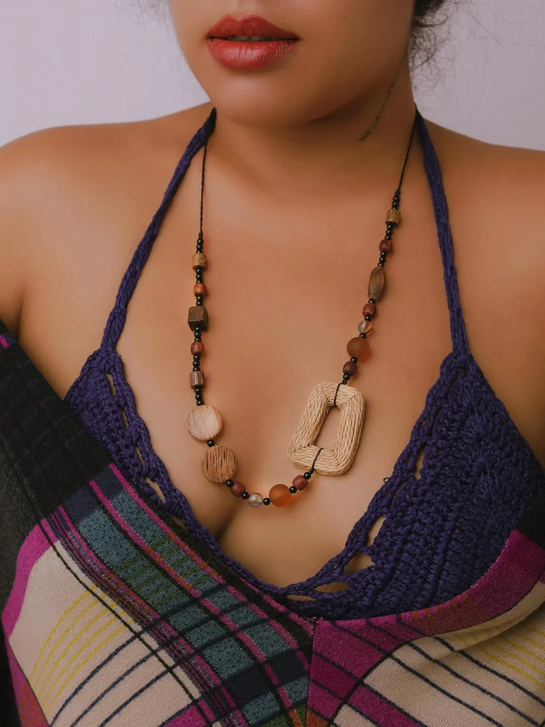 MINACHI Handmade Braided Necklace for Women, Wooden Beads, Rattan Charm, Vintage Style, Gift Jewelry