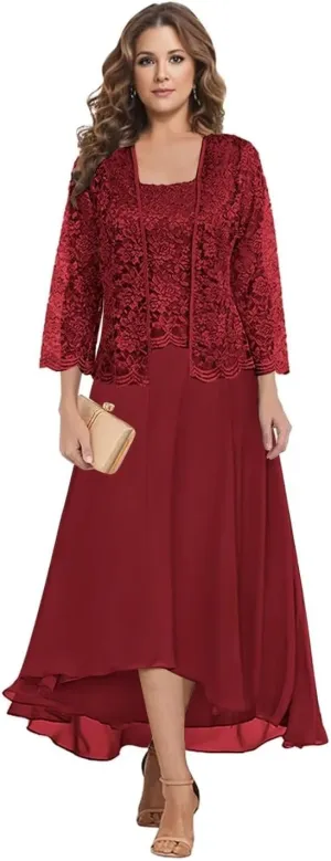 Mother of The Bride Dresses with Jacket 2 Pieces Chiffon Lace Appliques Formal Wedding Evening Gowns