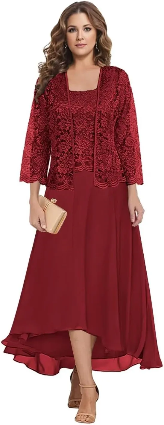 Mother of The Bride Dresses with Jacket 2 Pieces Chiffon Lace Appliques Formal Wedding Evening Gowns